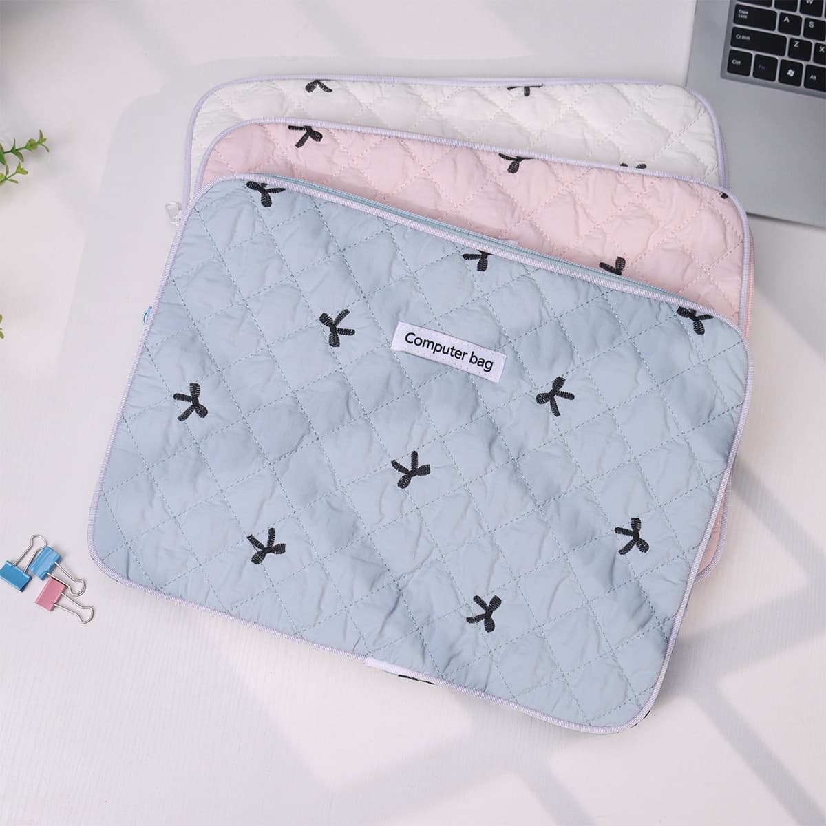 パソコンケース キルティング刺繍リボン柄パソコンケース